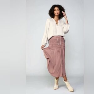 Anthropologie- Current Air Rosarita Skirt Pleated Smocked Waist Midi in Plum